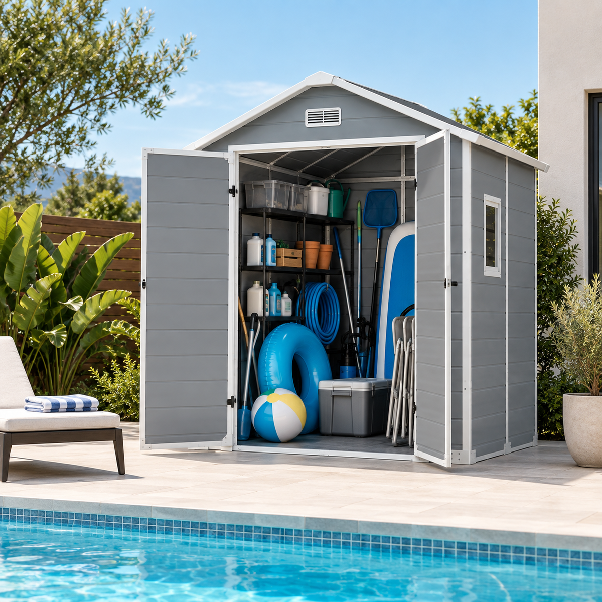 Caseta de jardín grande de resina 6x4" con doble puerta, ventana y ventilación integrada