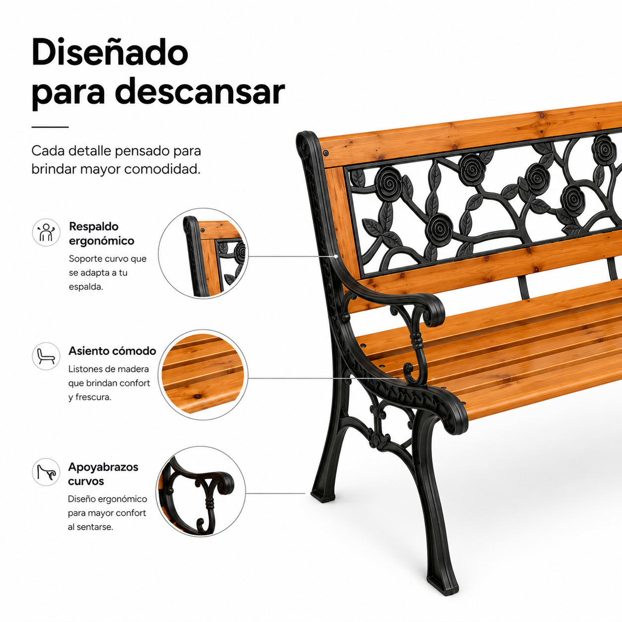Banc de jardin en bois et métal avec dossier décor floral