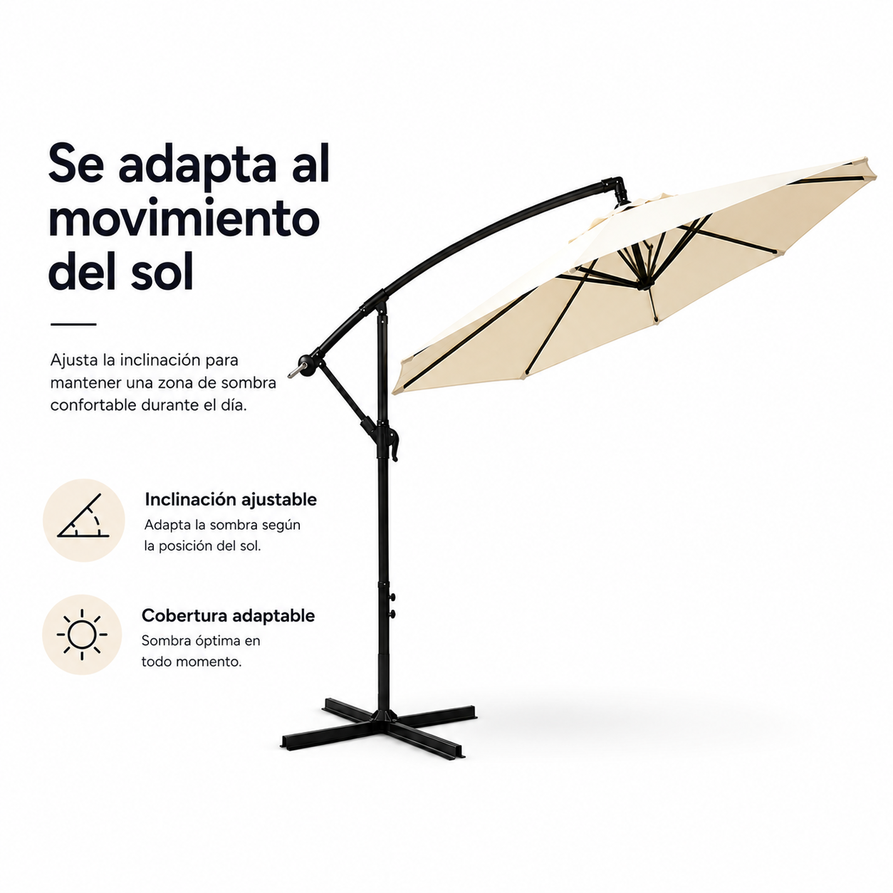 Sombrilla Lateral 3 metros Inclinable 360° Con Mástil Y Manivela Beige Sin Base