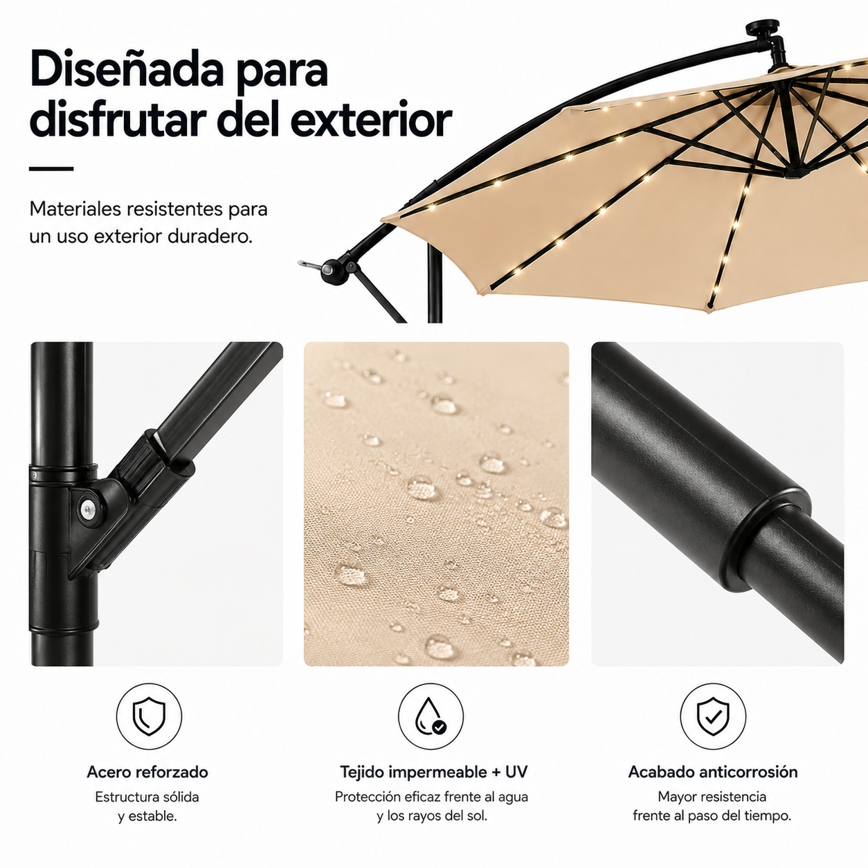 Sombrilla 3 metros beige Lateral Con Iluminación Led Y Inclinación 360°