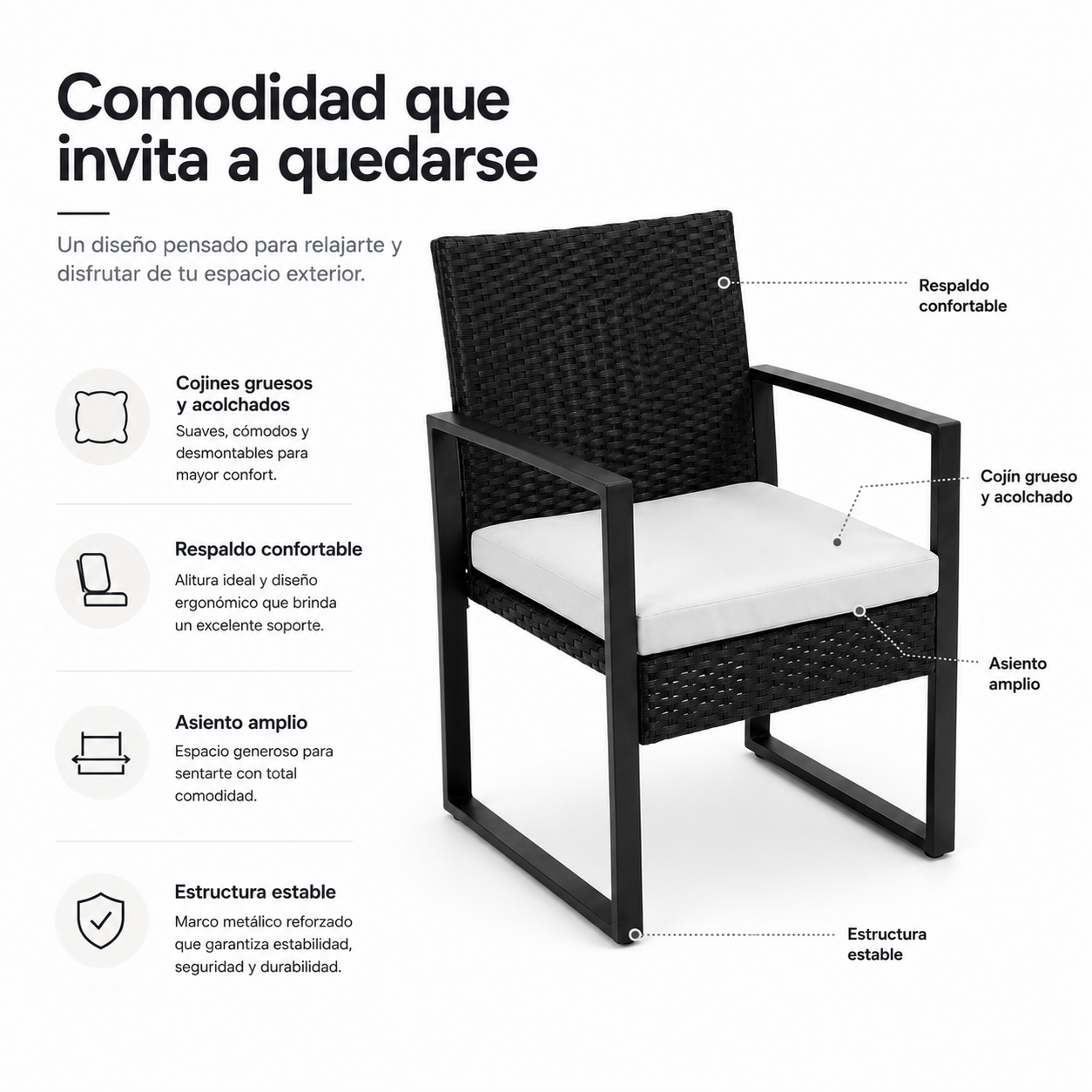 Conjunto de Jardim Exterior em Ráfia PE 3 Peças com Almofadas Acolchoadas