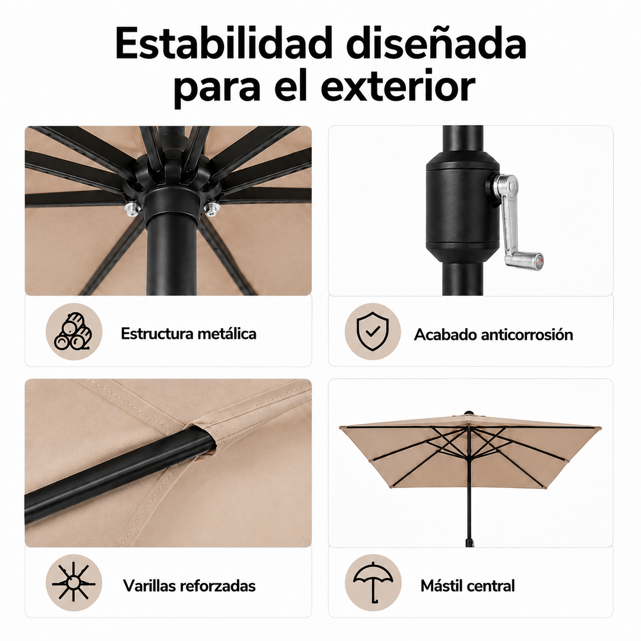 Parasol de jardin réglable 3 mètres avec manivelle couleur kaki