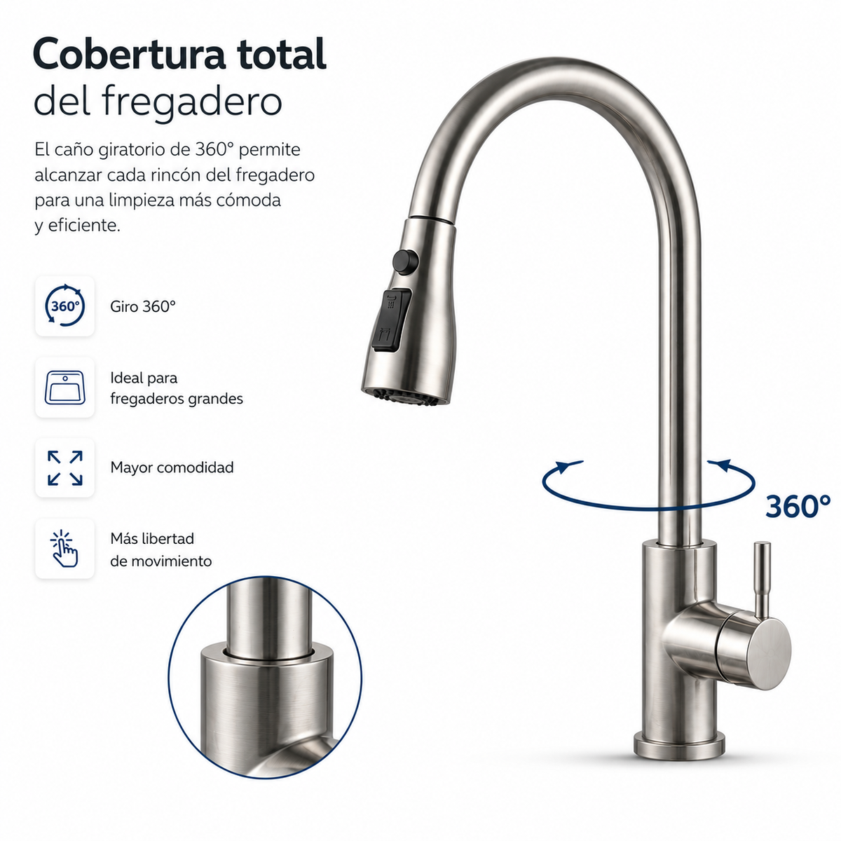 Grifo de Cocina Giratorio 360° Acero Inoxidable
