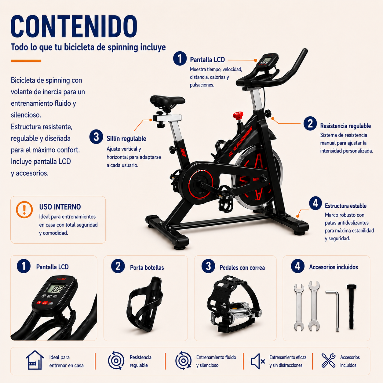 Bicicleta Estática de Spinning com Resistência Ajustável e Ecrã LCD