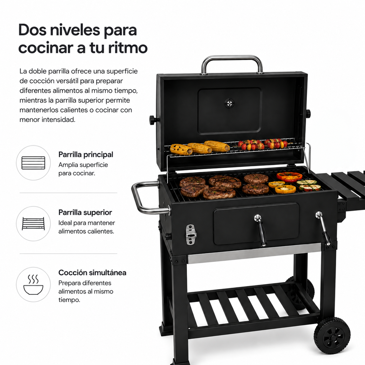 Barbacoa de Carbón Con Tapa y Carro Auxiliar
