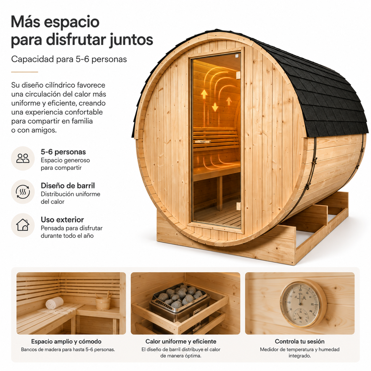 Sauna Barril Exterior para Jardim 5-6 Pessoas em Madeira Abeto 6 kW Telhado de Telhas