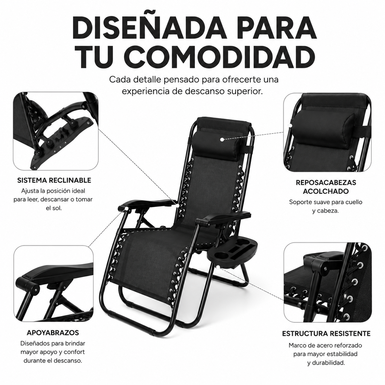 Tumbona Plegable Playa Negra Con Portavasos