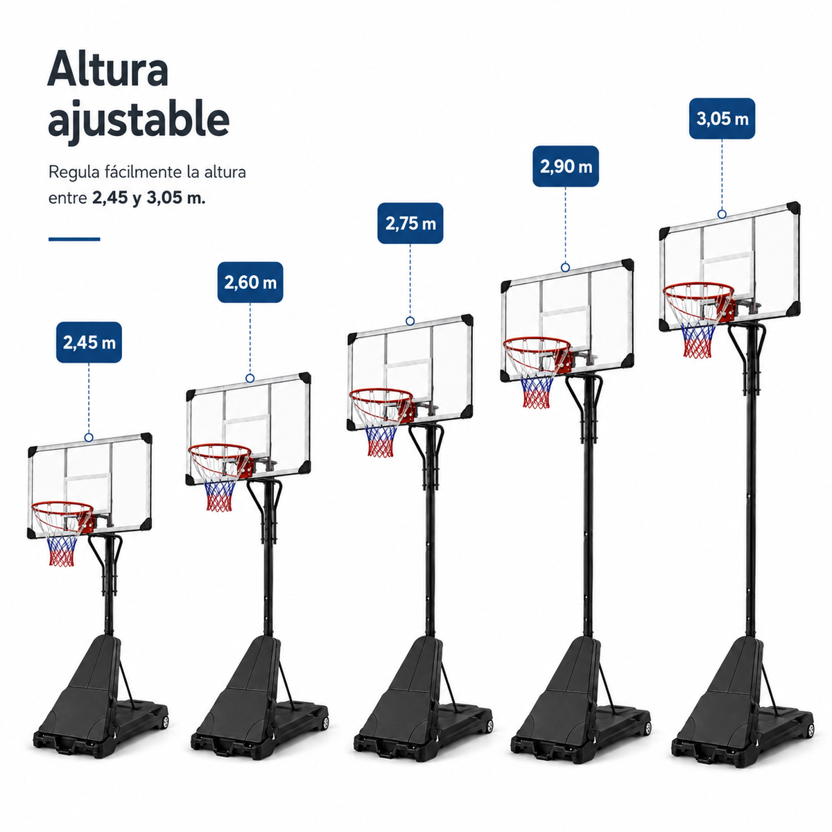 Canasta de Baloncesto Portátil con Altura Regulable 2,45-3,05 m
