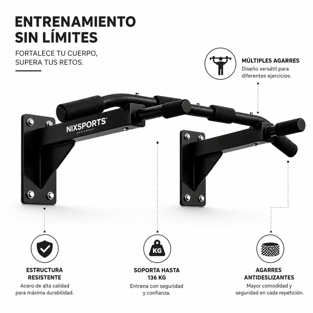 Barra de Dominadas para Pared con Agarres Antideslizantes
