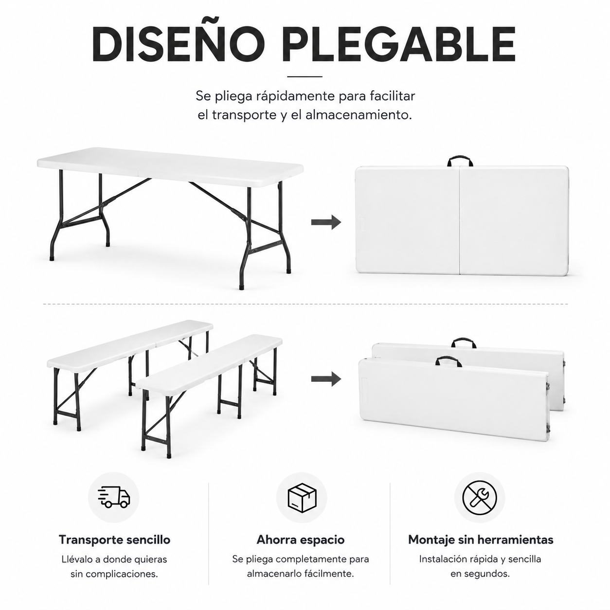 Set met opvouwbare tafel en 2 banken voor de tuin, 180x74x72 cm