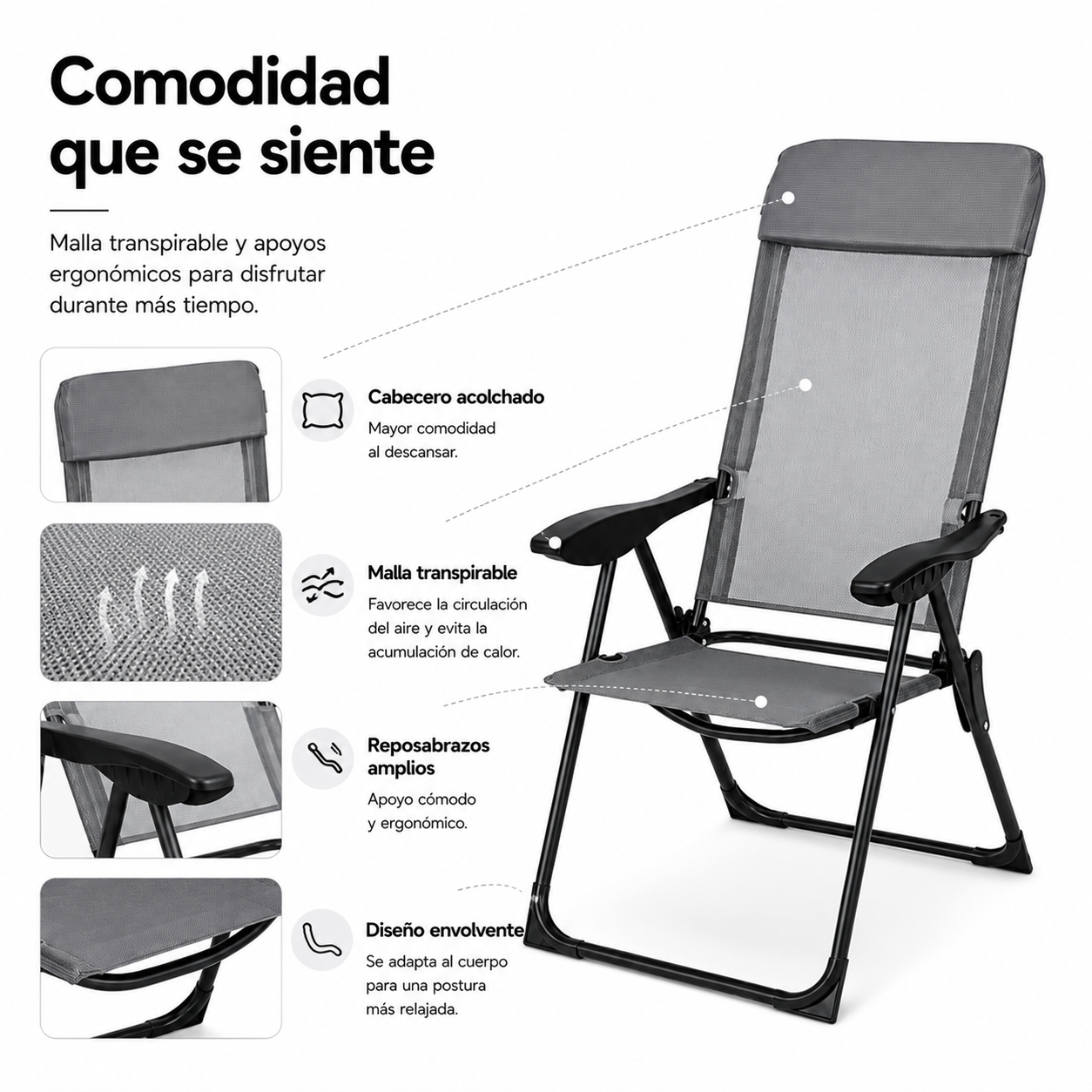 Pack de 2 Sillas Plegables Reclinables 7 Posiciones Respaldo Alto Exterior