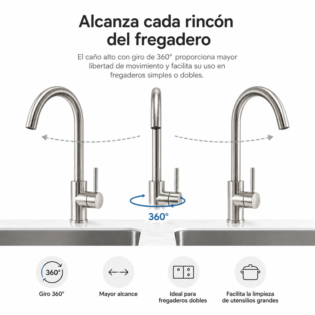 Torneira de Cozinha Bica Giratória 360° Anti-Dedadas