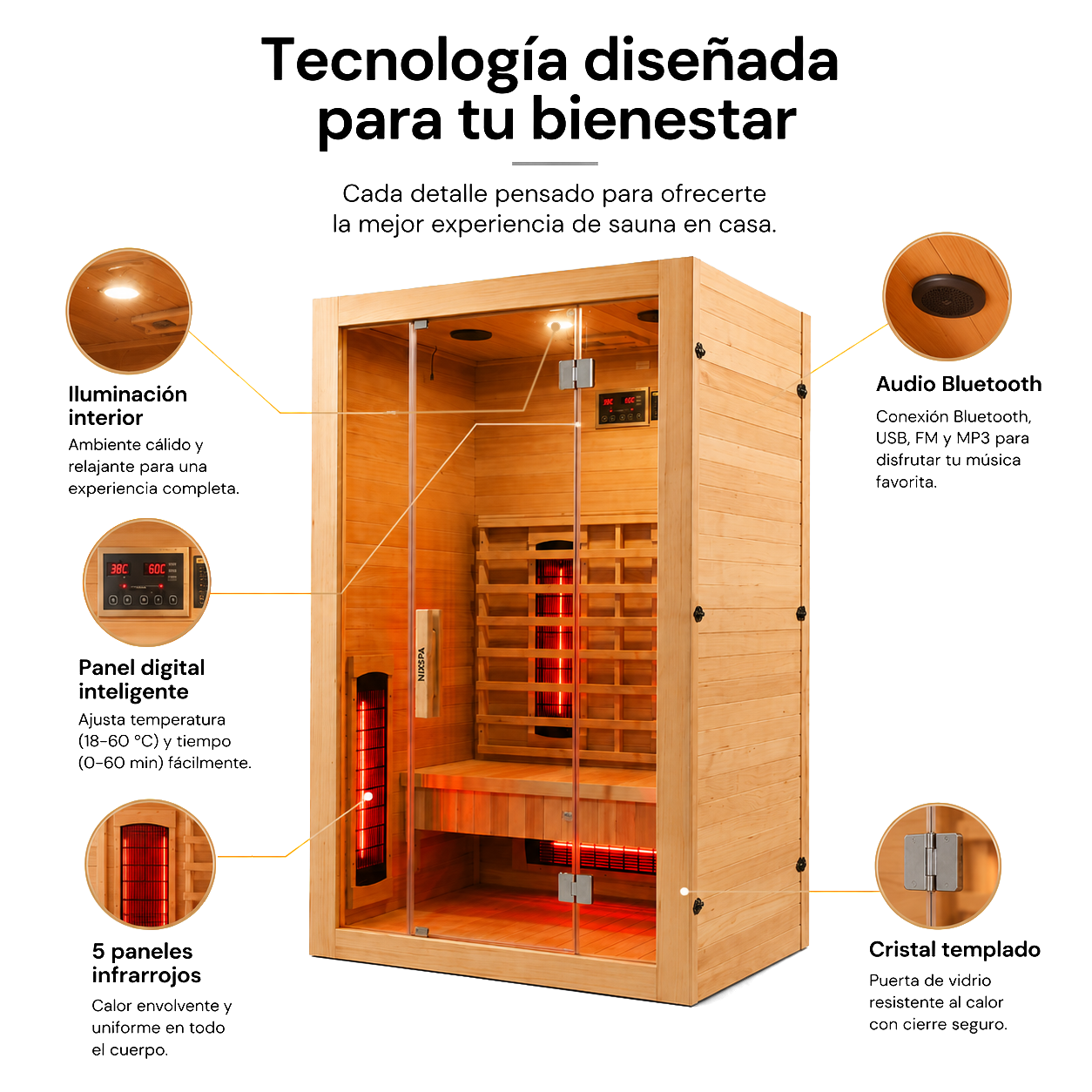Sauna de infrarrojos para casa 2 personas con 5 paneles, Bluetooth y control digital