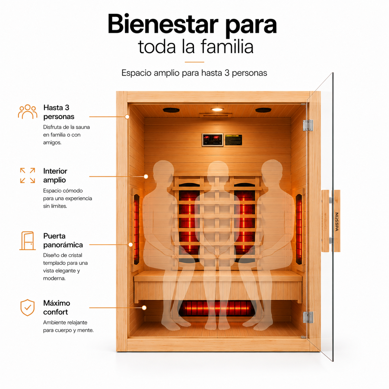 Sauna a infrarossi per casa 3 persone con 6 pannelli, Bluetooth e porta panoramica