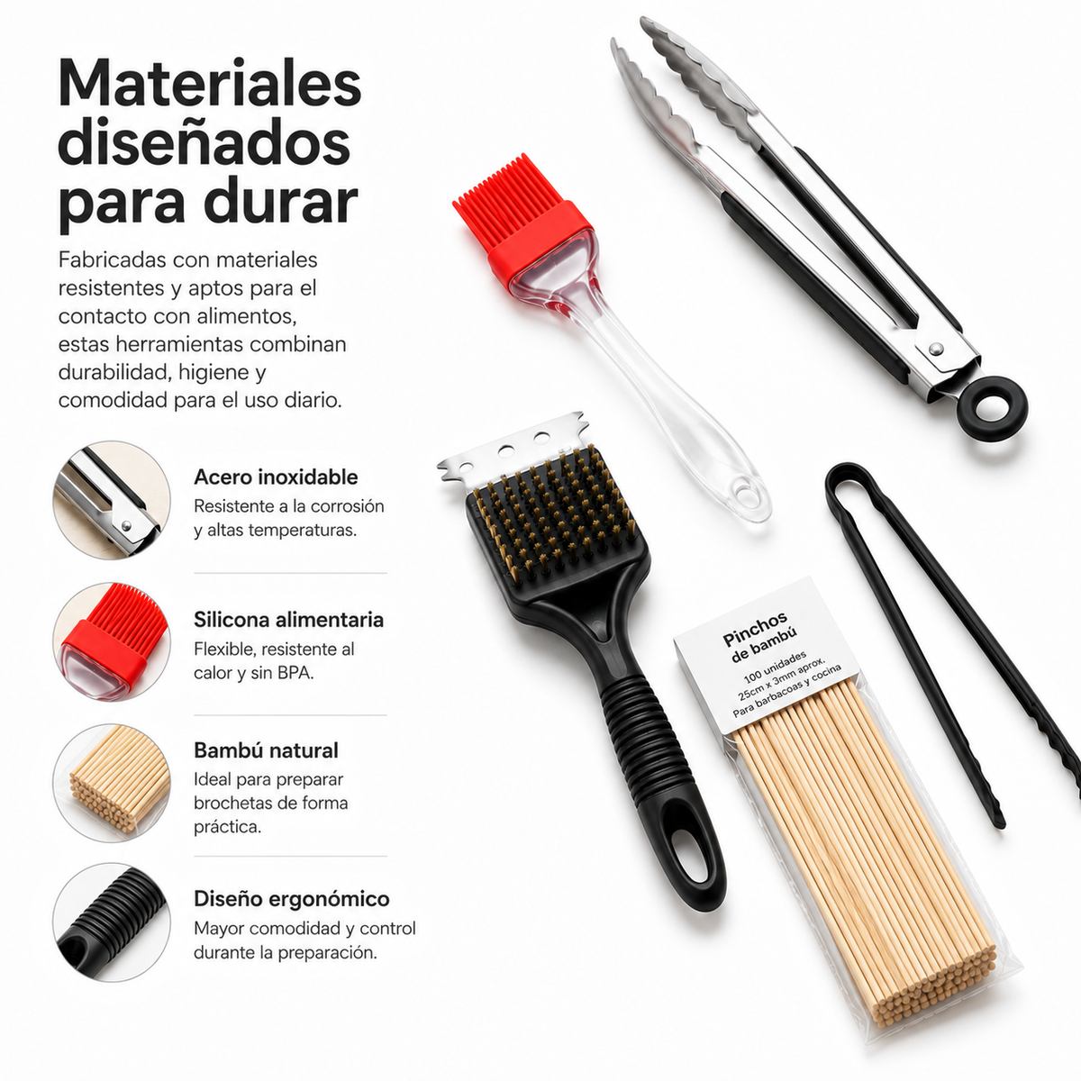 Set Profesional Utensilios Barbacoa 5 Piezas Inoxidable Mangos Silicona