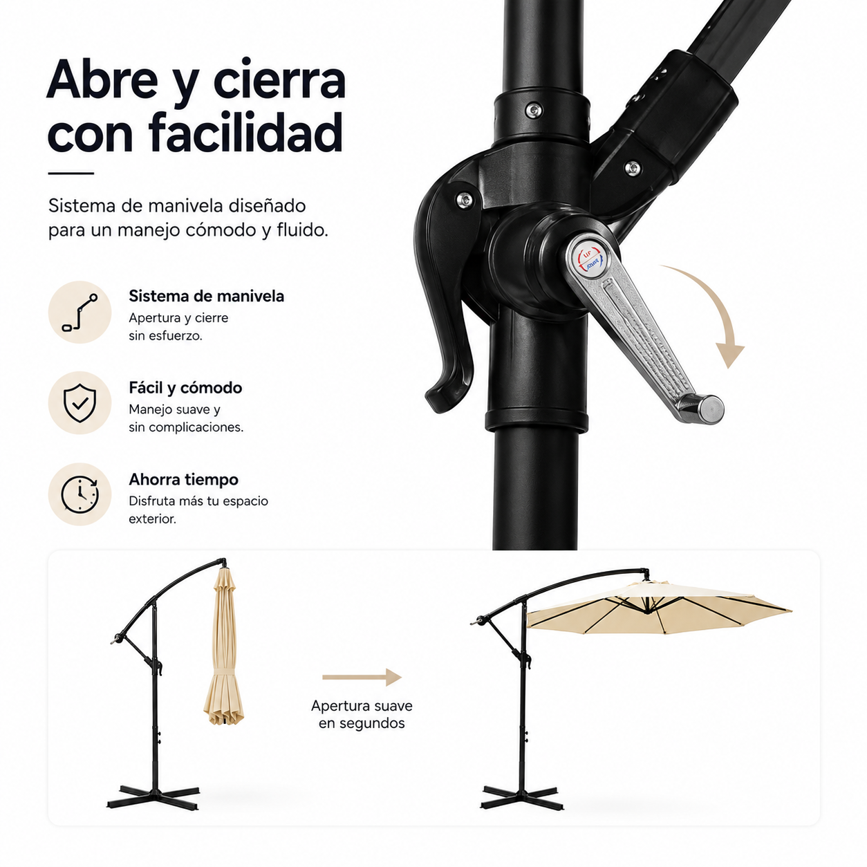 Sombrilla Lateral 3 metros Inclinable 360° Con Mástil Y Manivela Beige Sin Base