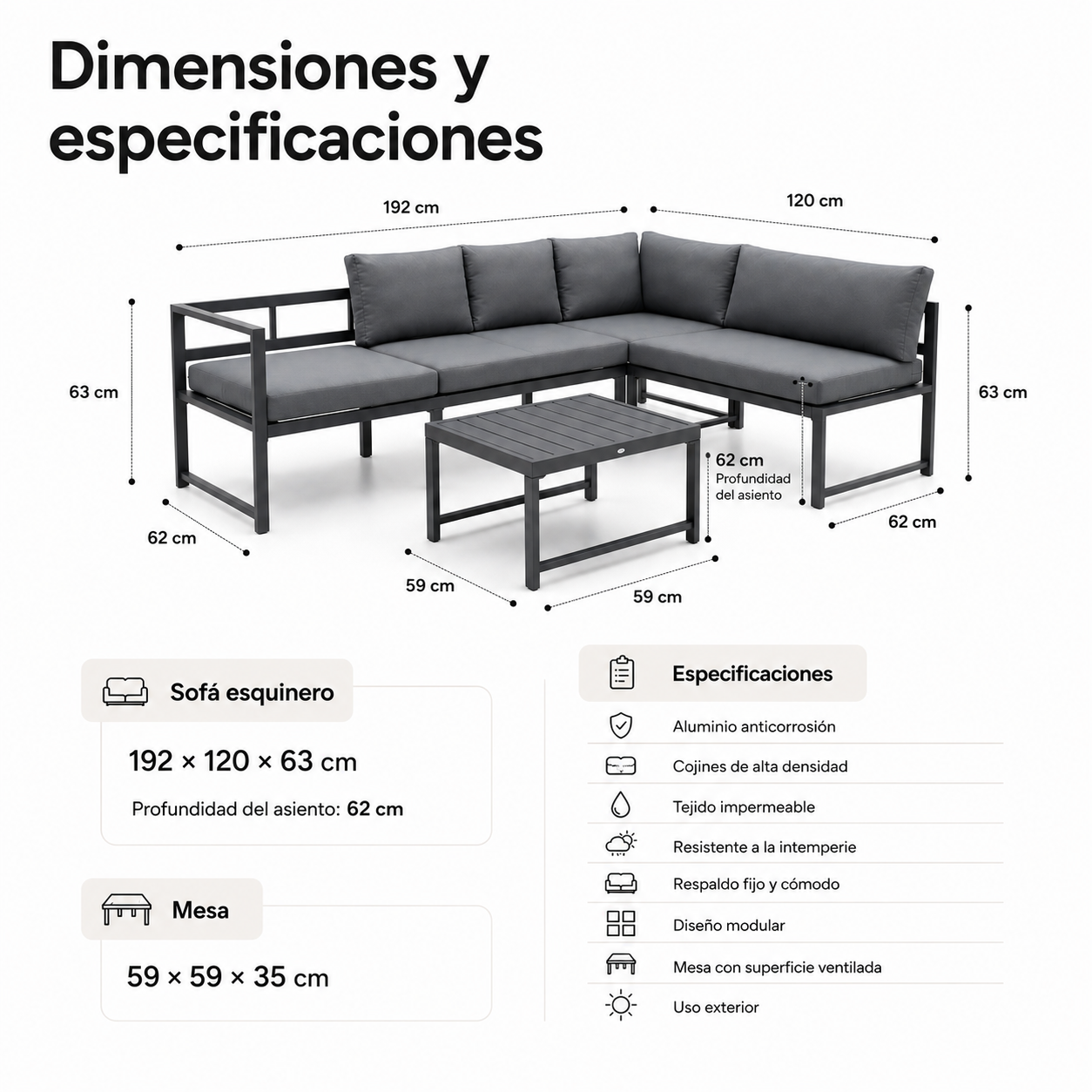 Conjunto De Jardín Sofá Esquinero Modular De Aluminio Antracita