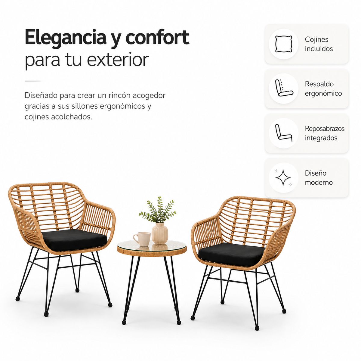 Conjunto Jardim Ráfia com 2 Poltronas e Mesa Redonda para Terraço e Varanda