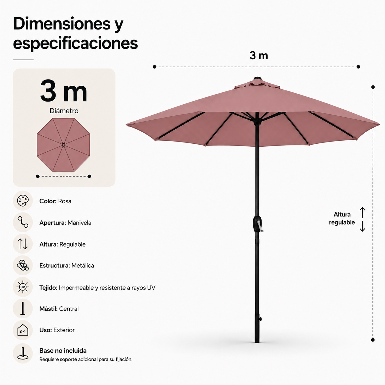 Parasol 3 mètres de jardin réglable protection UV