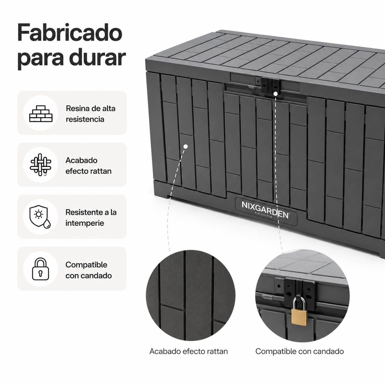 Coffre de jardin anthracite résine résistante effet rotin imperméable
