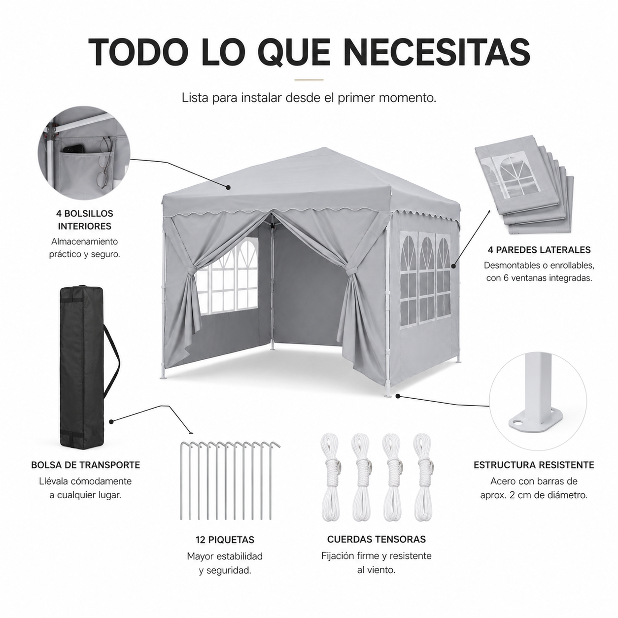 Tente pliable 3x3 M avec 4 parois latérales et structure renforcée