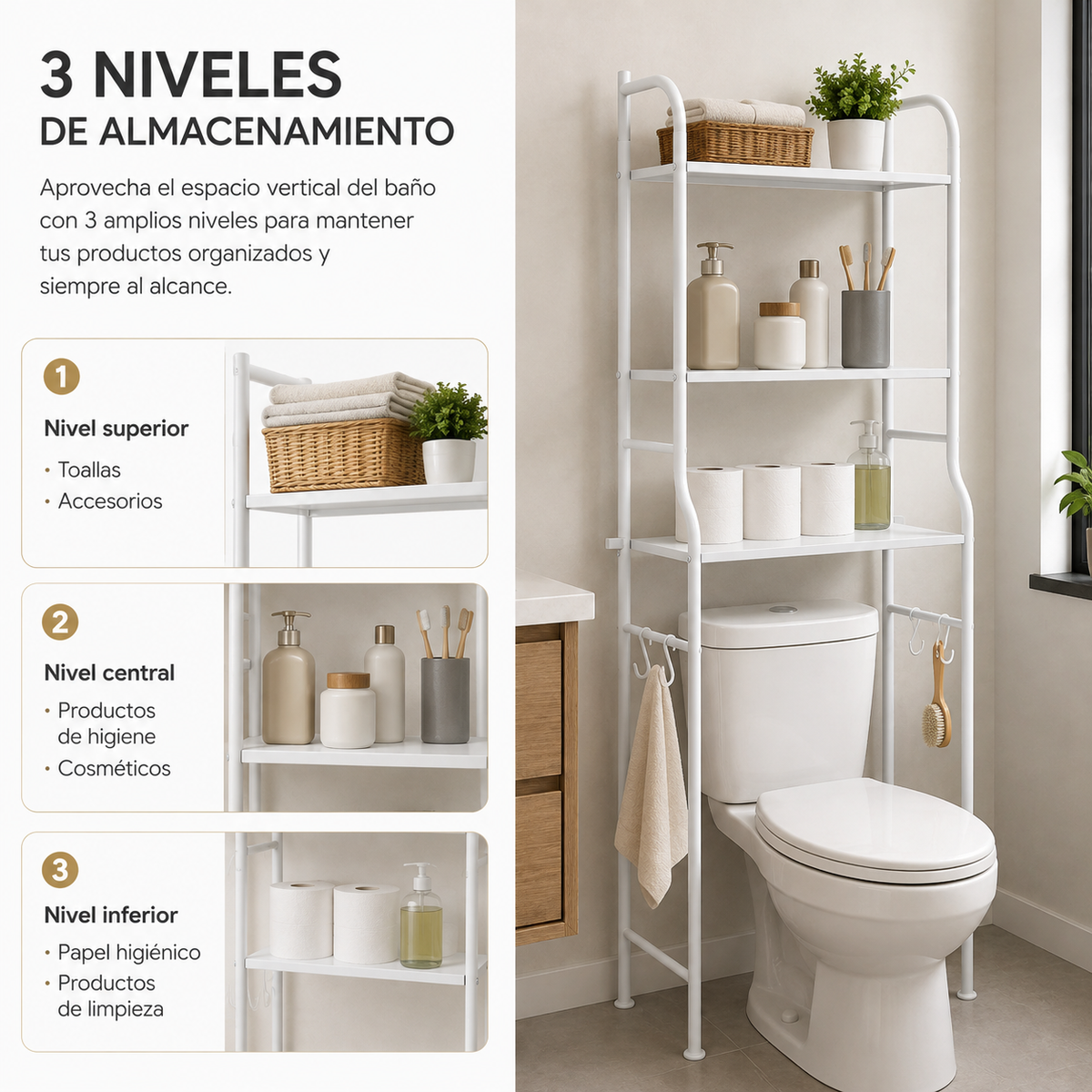 Estantería Sobre Inodoro De 3 Niveles Con Ganchos