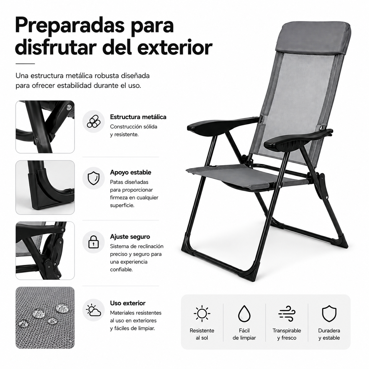 Pack de 2 Sillas Plegables Reclinables 7 Posiciones Respaldo Alto Exterior