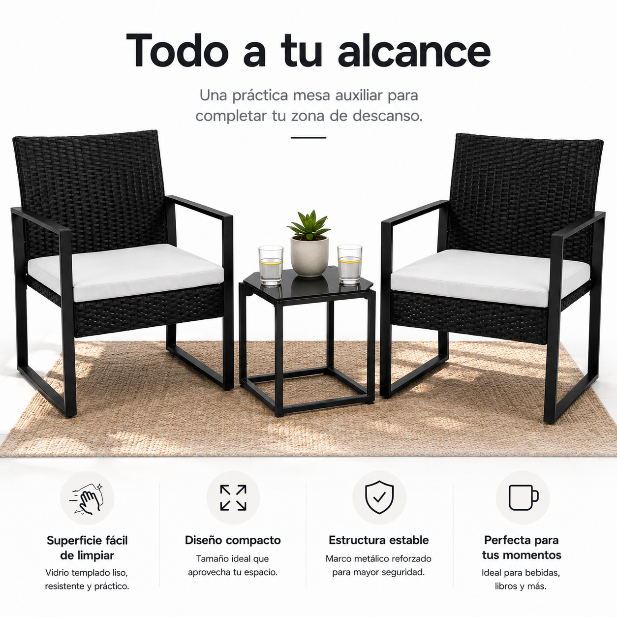 Conjunto de Jardim Exterior em Ráfia PE 3 Peças com Almofadas Acolchoadas