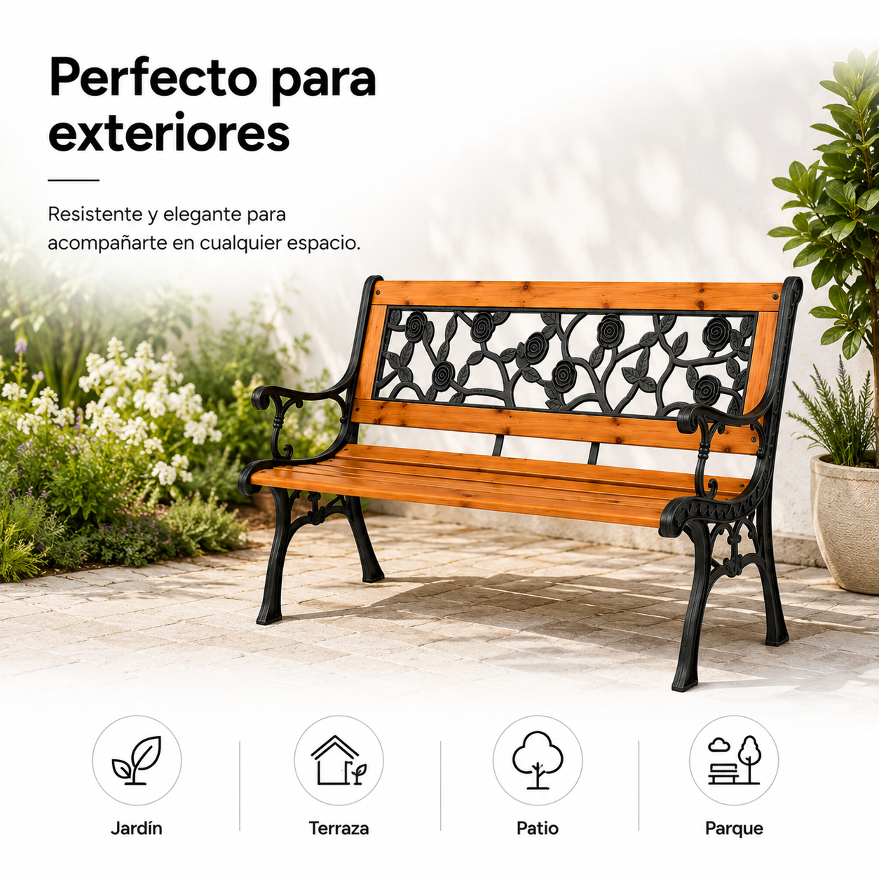 Banc de jardin en bois et métal avec dossier décor floral