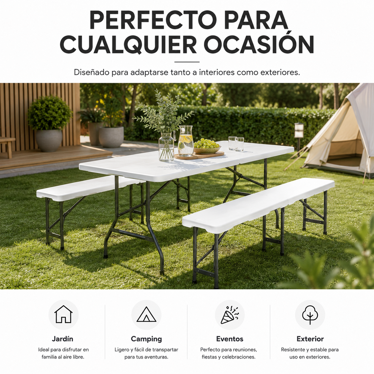 Set met opvouwbare tafel en 2 banken voor de tuin, 180x74x72 cm