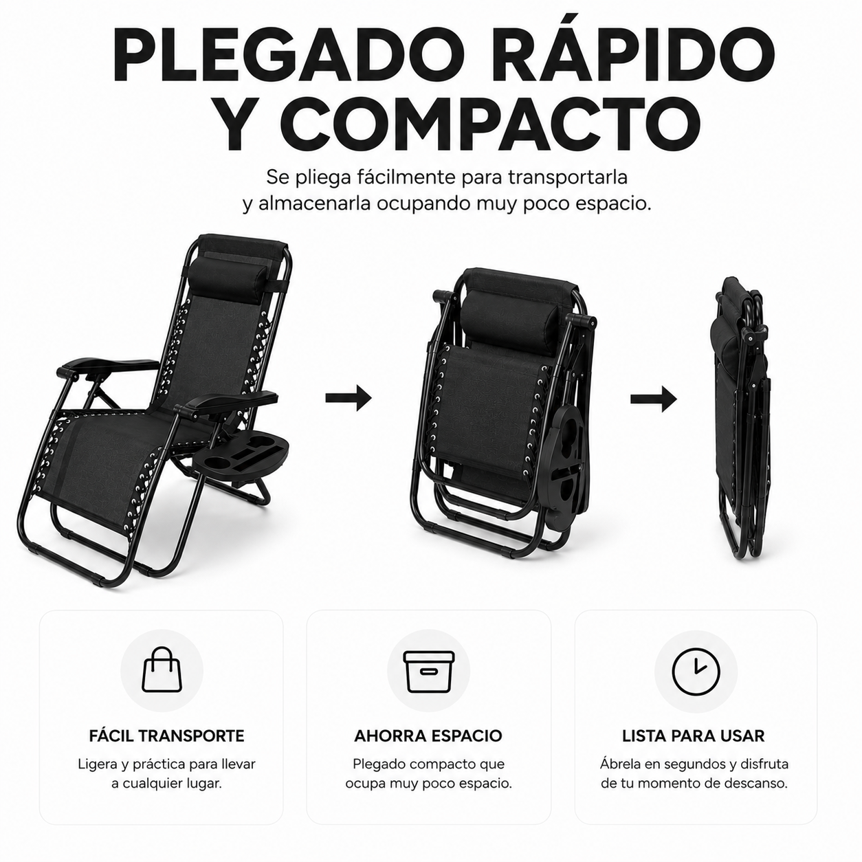 Tumbona Plegable Playa Negra Con Portavasos