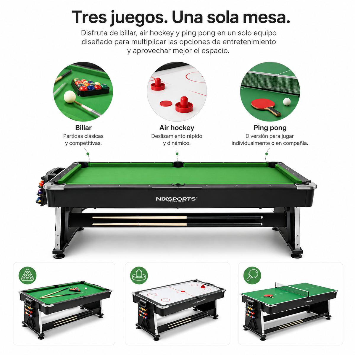 Mesa Multijuegos 3 En 1 Billar Y Ping Pong 210 Cm