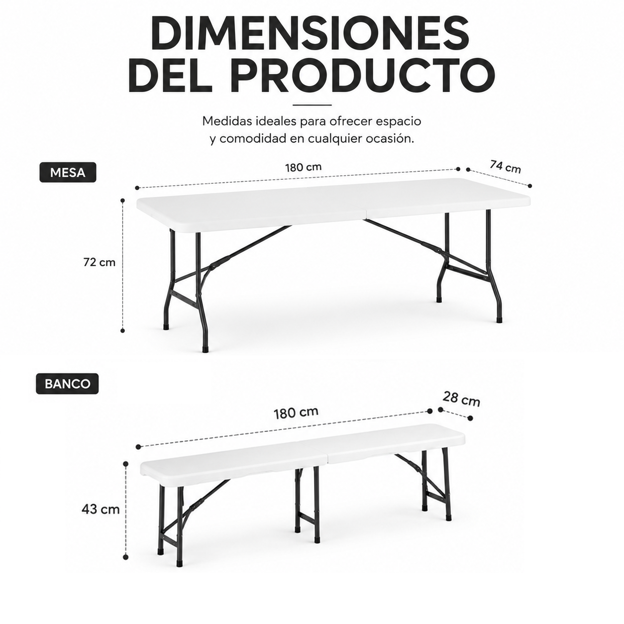 Set met opvouwbare tafel en 2 banken voor de tuin, 180x74x72 cm