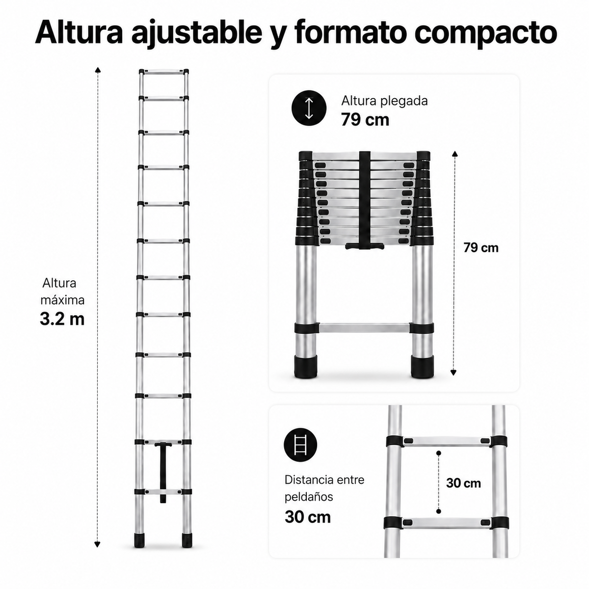 Escalera Telescópica Plegable 3,2 m Peldaños Antideslizantes