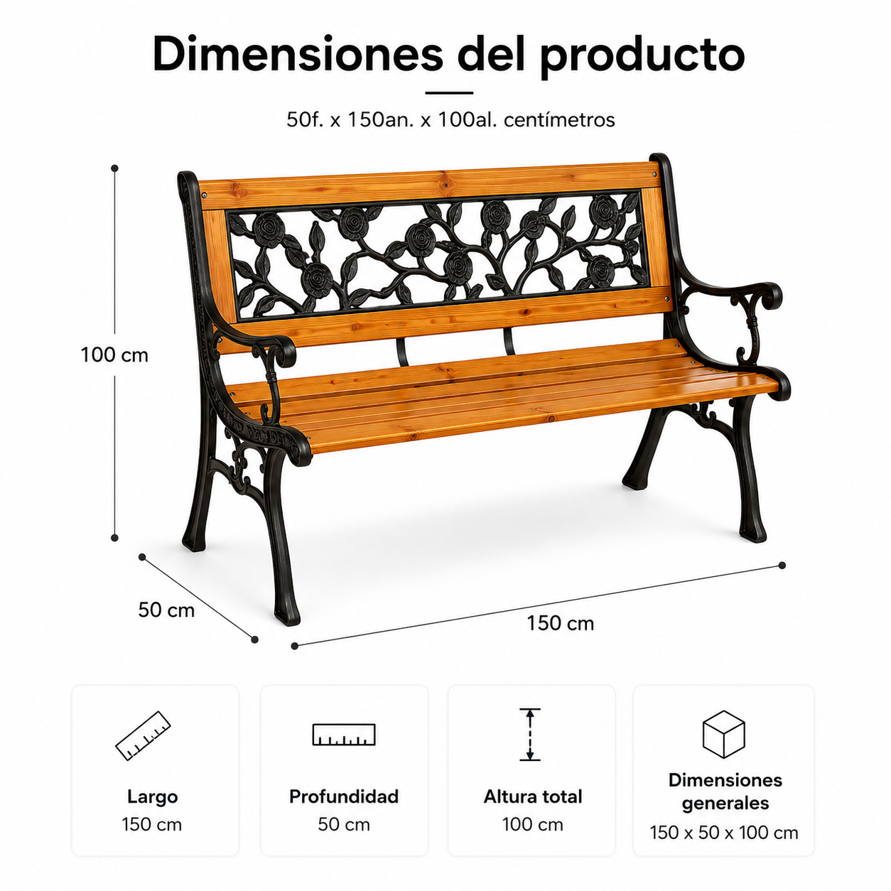 Banc de jardin en bois et métal avec dossier décor floral