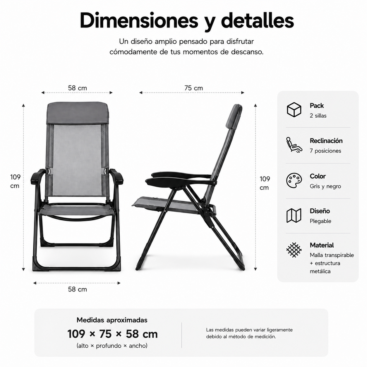 Pack de 2 Sillas Plegables Reclinables 7 Posiciones Respaldo Alto Exterior