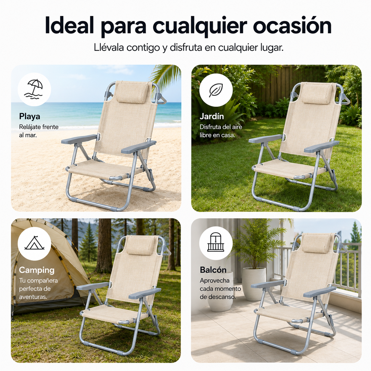 Set van 2 draagbare, inklapbare verstelbare stoelen met hoofdsteun