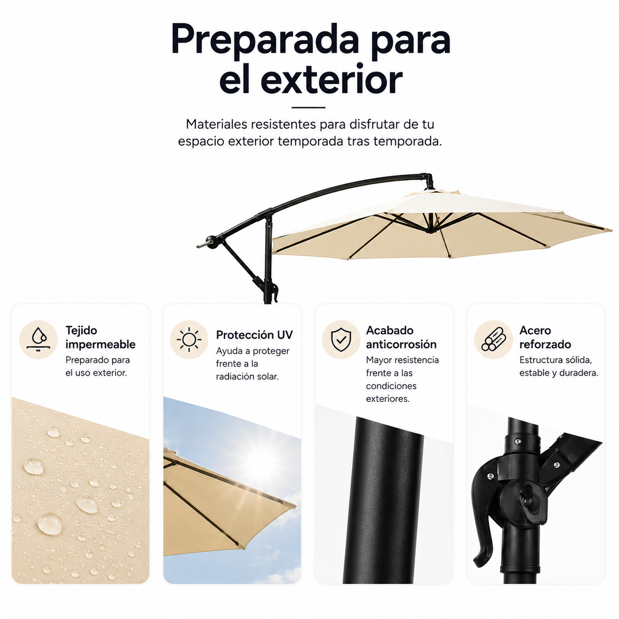Sombrilla Lateral 3 metros Inclinable 360° Con Mástil Y Manivela Beige Sin Base
