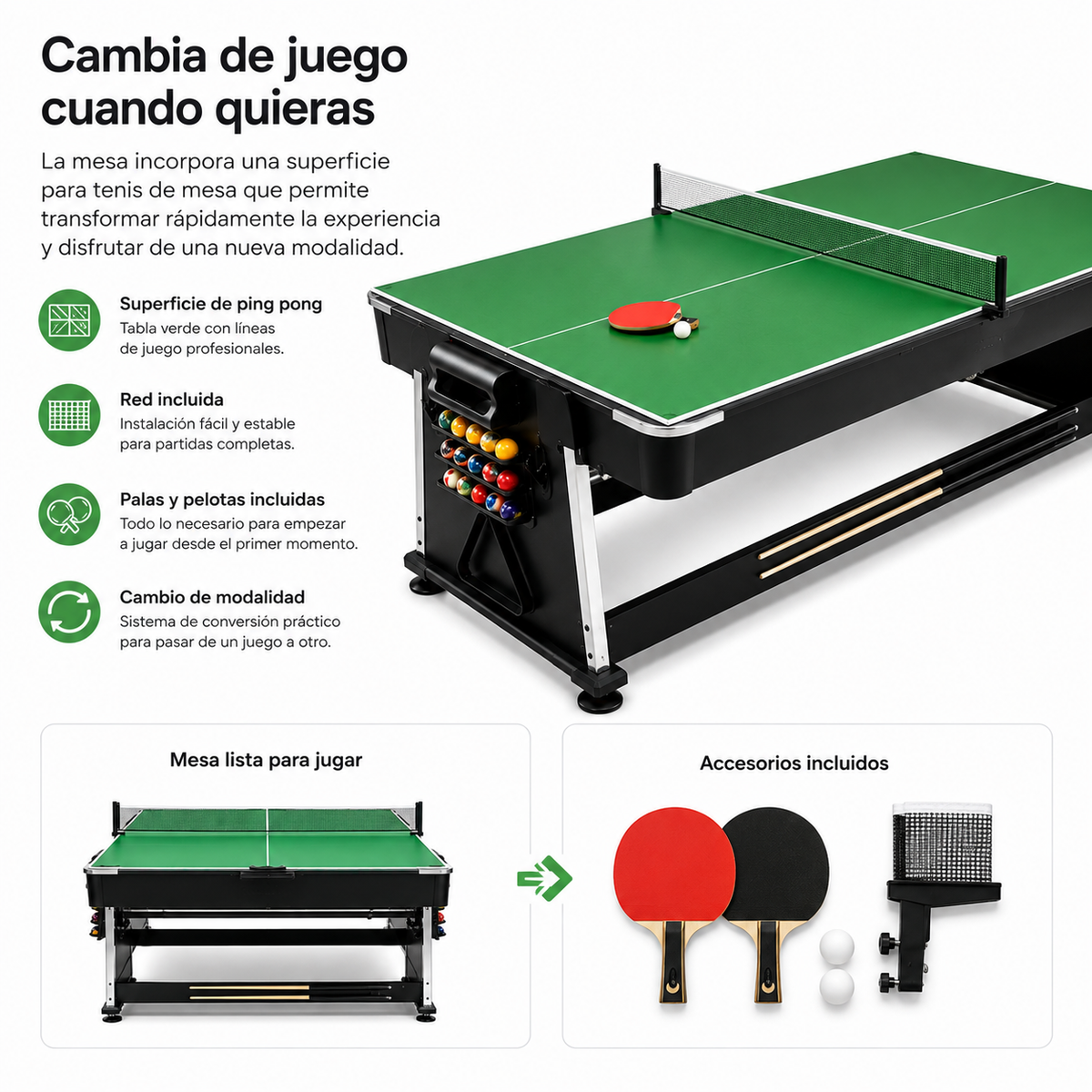 Mesa Multijuegos 3 En 1 Billar Y Ping Pong 210 Cm