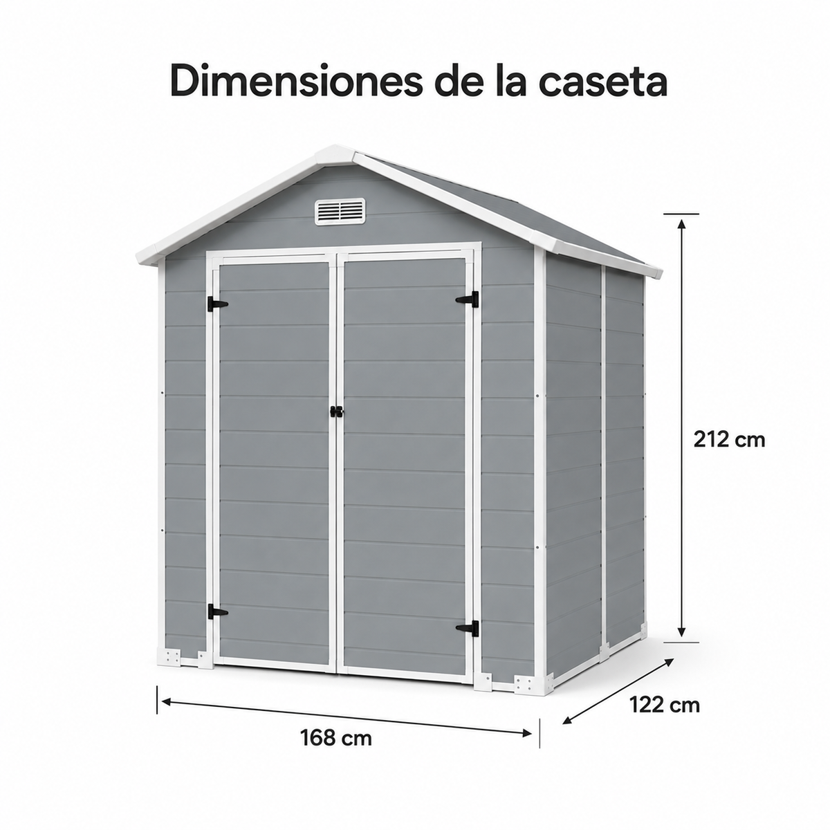 Caseta de jardín grande de resina 6x4" con doble puerta, ventana y ventilación integrada