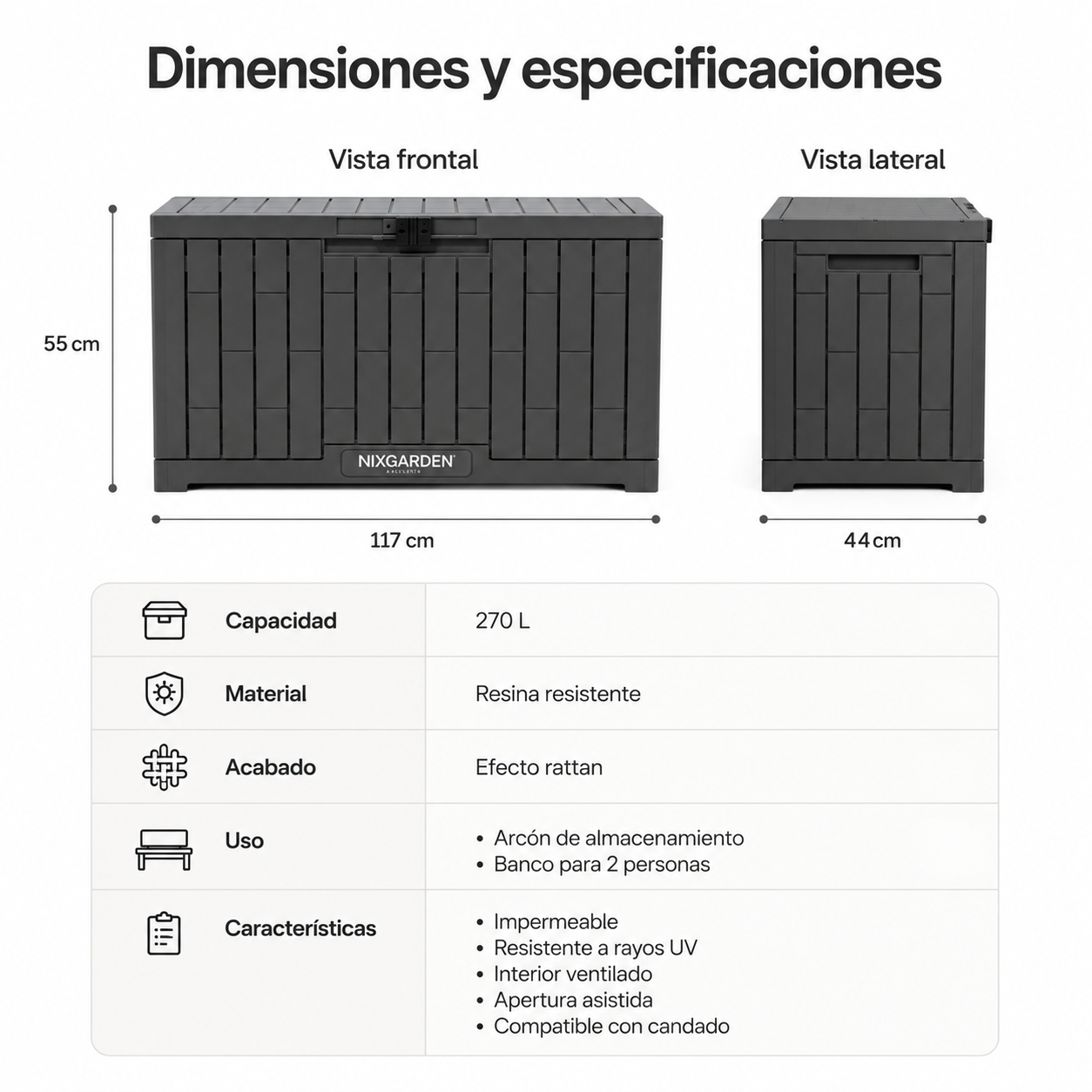 Coffre de jardin anthracite résine résistante effet rotin imperméable