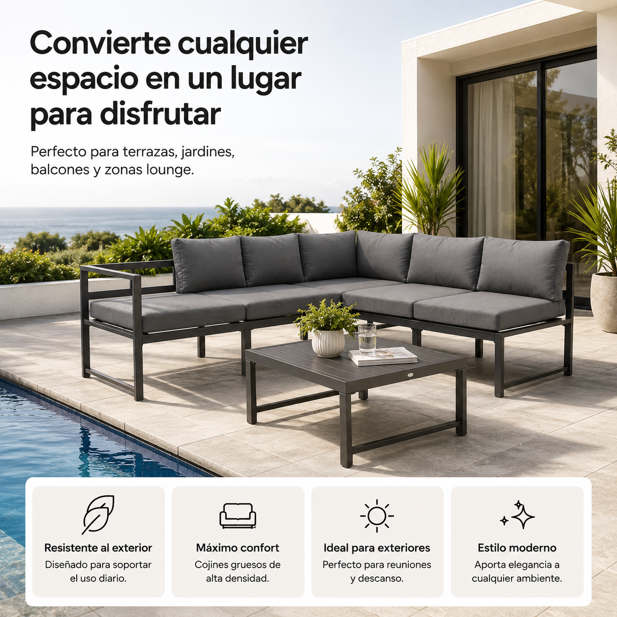 Conjunto De Jardín Sofá Esquinero Modular De Aluminio Antracita