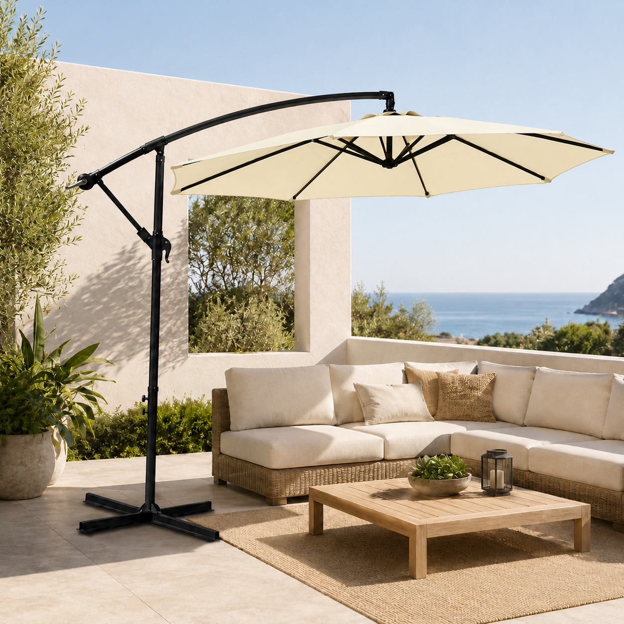 Sombrilla Lateral 3 metros Inclinable 360° Con Mástil Y Manivela Beige Sin Base