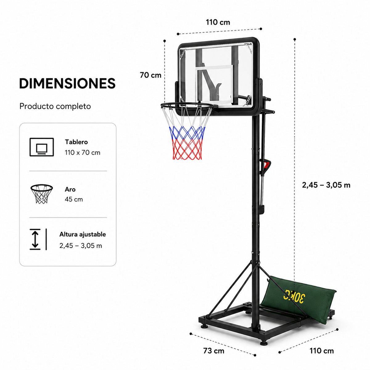 Cesto de Basquetebol com Altura Regulável 2,45-3,05 m