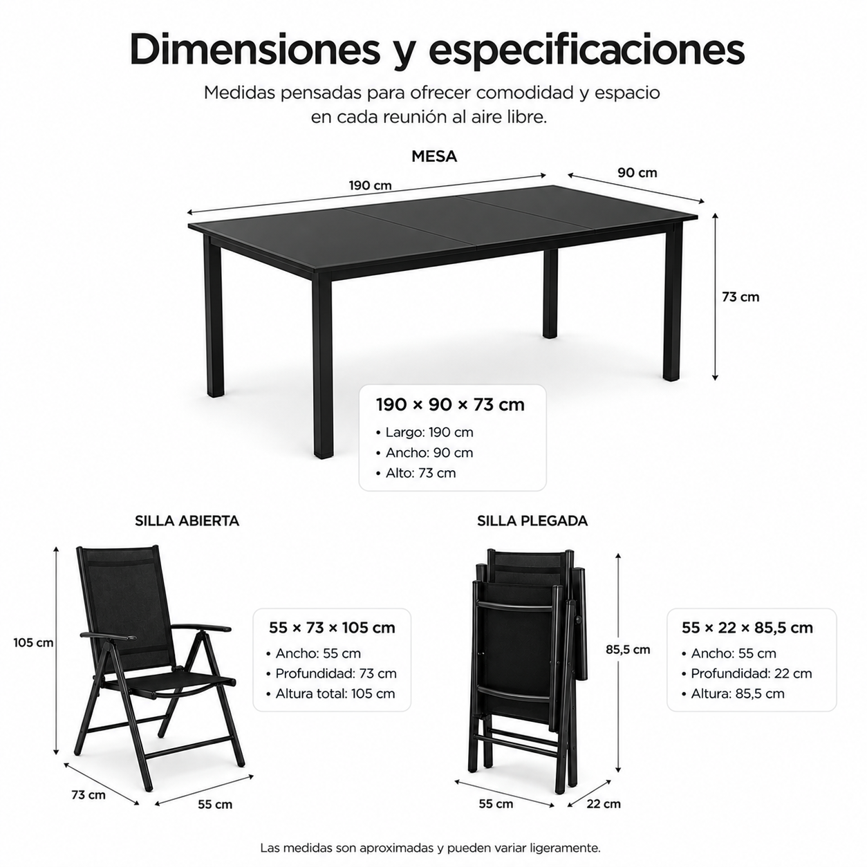 Ensemble jardin aluminium recouvert 9 pièces table en verre