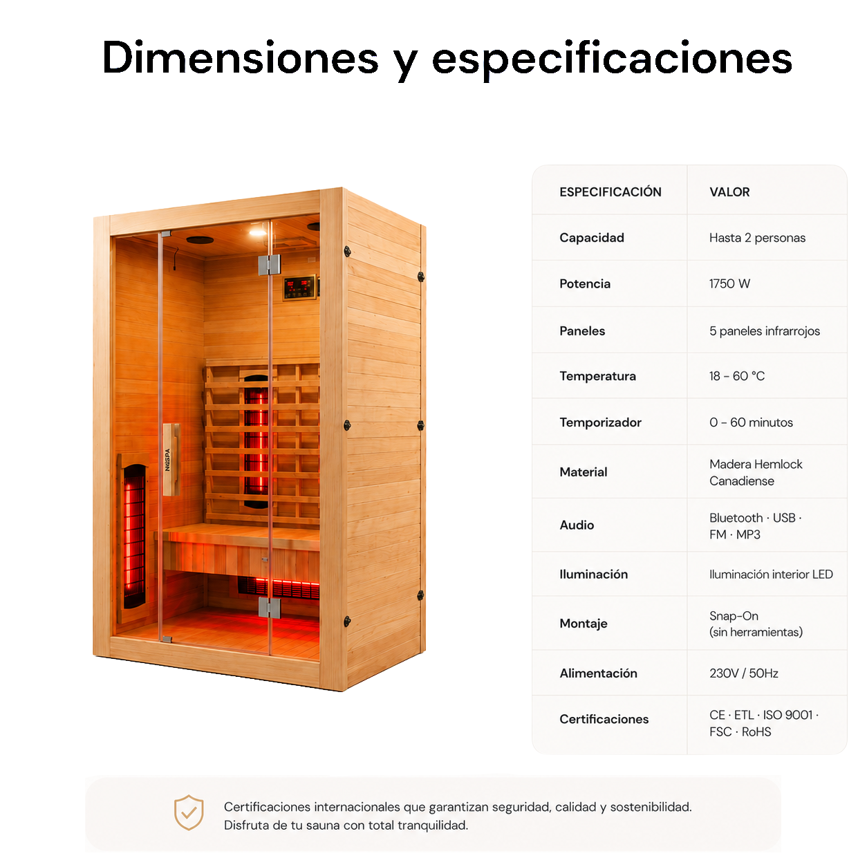Sauna de infrarrojos para casa 2 personas con 5 paneles, Bluetooth y control digital
