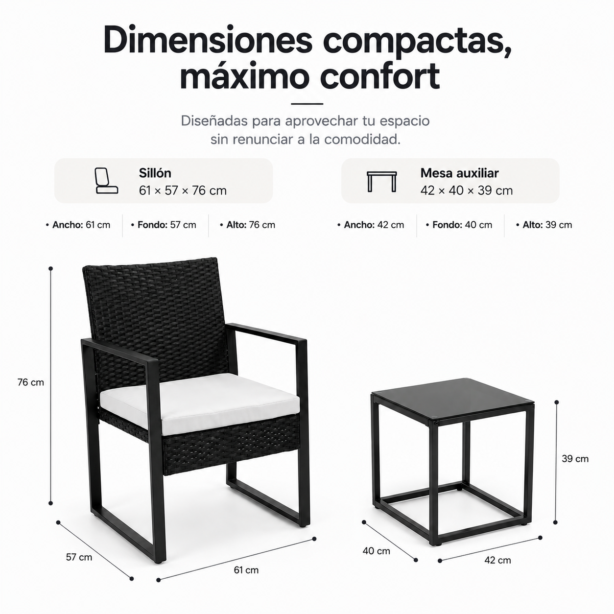 Conjunto de Jardim Exterior em Ráfia PE 3 Peças com Almofadas Acolchoadas