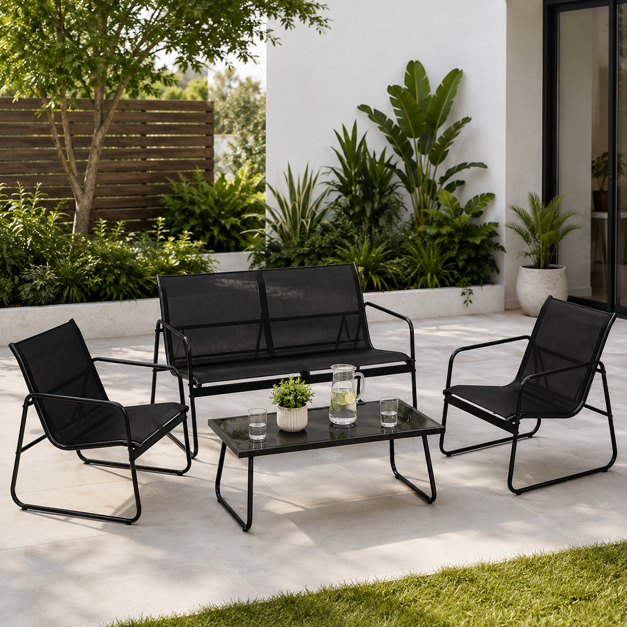 Tuinset van staal en textilene, 4-delig, met glazen tafel