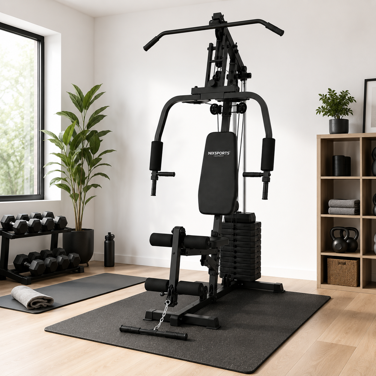 Multifunctioneel krachtstation met katrollen en ergonomische bank