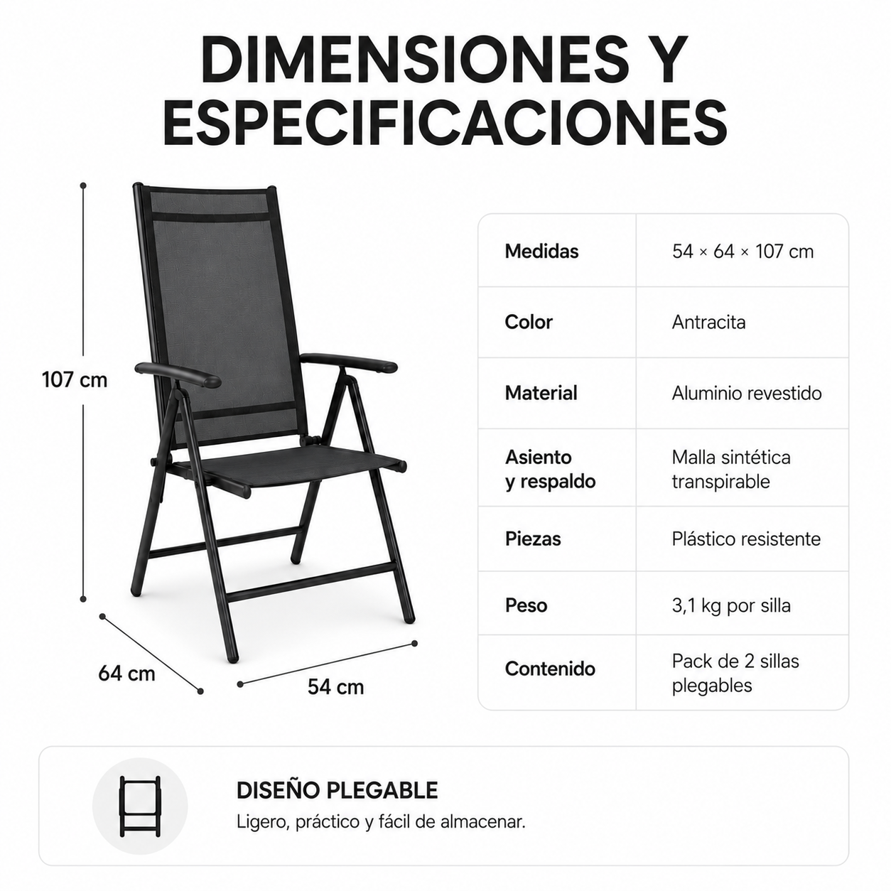Sillas Plegables De Jardín Pack De 2 Aluminio Antracita Con Asiento Textil